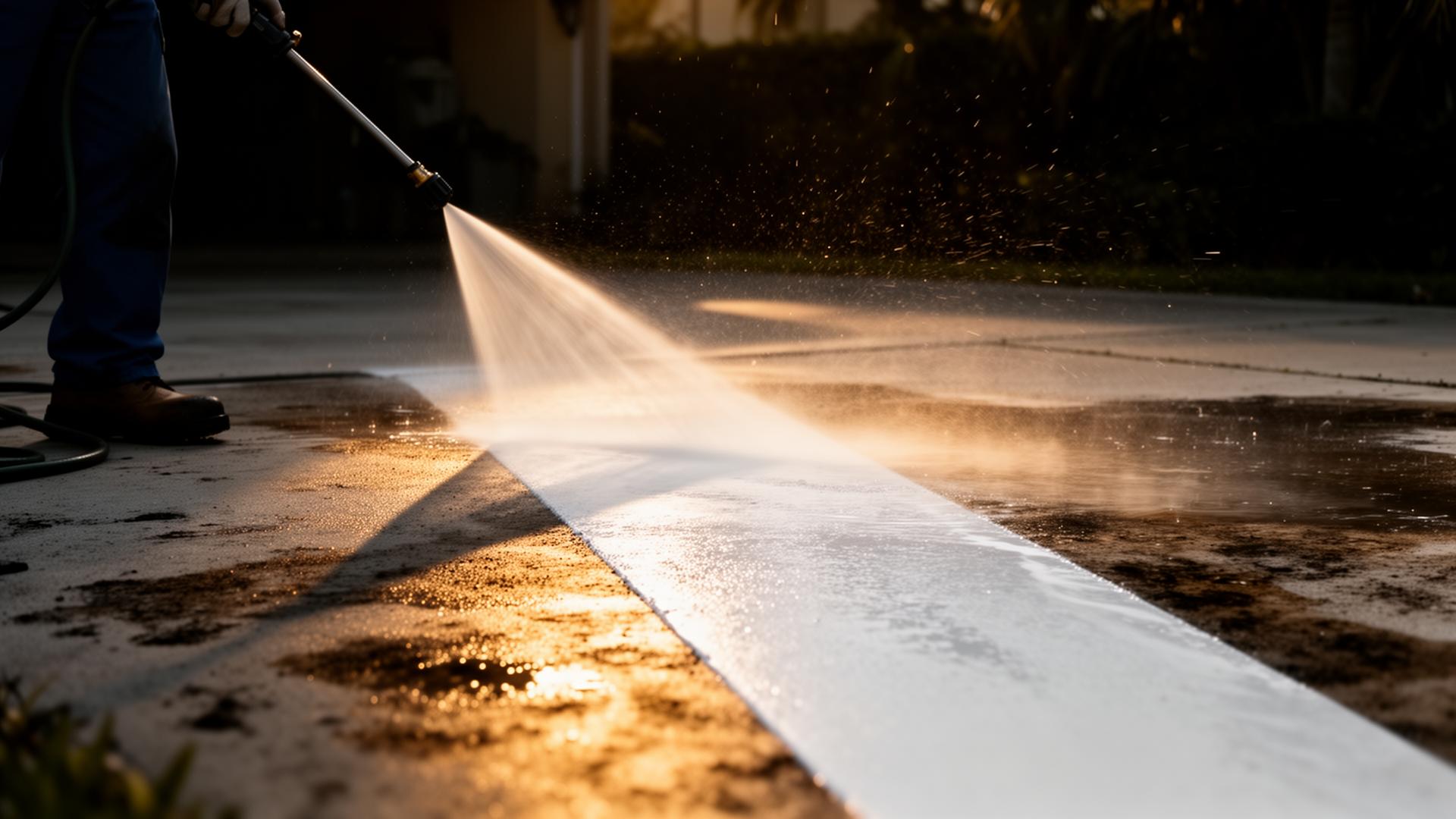 Professional pressure washing a driveway in South Florida